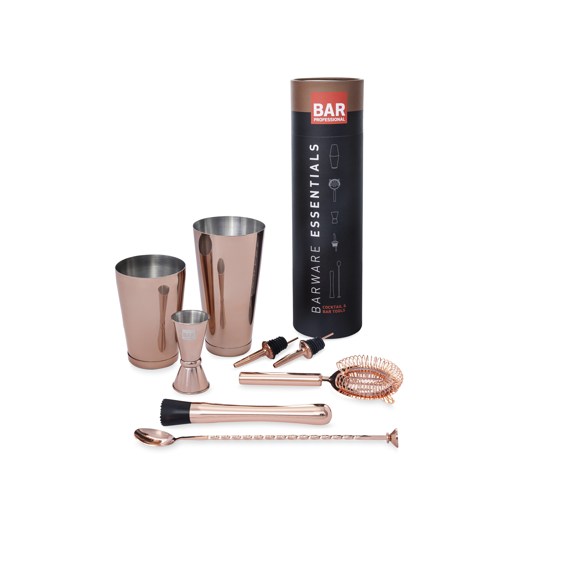 Kuparinen baarisetti lahjapakkauksessa